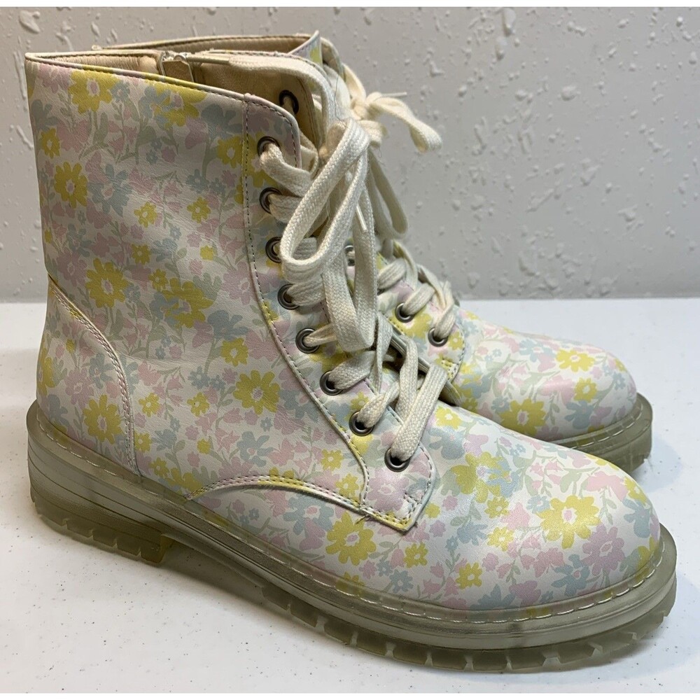 Sugar Kaedy Combat Boots Womens 11 White Floral Side Zip Coquette